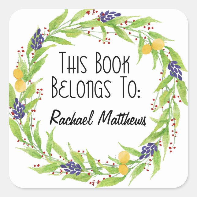 Pegatina Cuadrada Watercolor Lemon Berry Wreath Bookplate (Anverso)