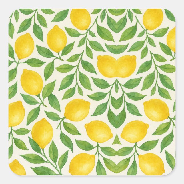 Pegatina Cuadrada Watercolor Lemon Pattern (Anverso)