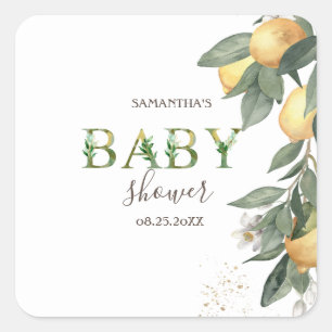 Pegatina Cuadrada Watercolor Lemons Green Baby Shower