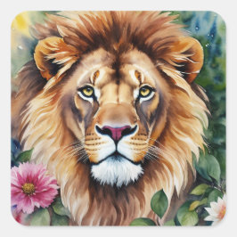 Pegatina Cuadrada Watercolor León Arte Floral