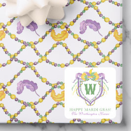 Pegatina Cuadrada Watercolor Mardi Gras Monogram Crest