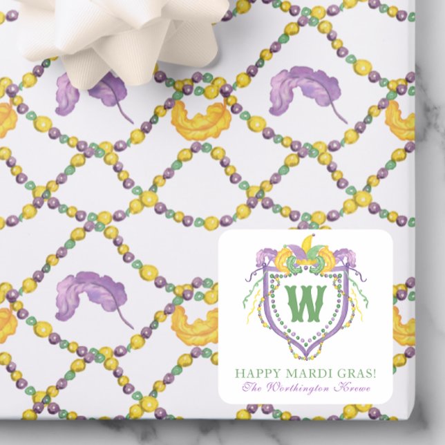 Pegatina Cuadrada Watercolor Mardi Gras Monogram Crest (Subido por el creador)
