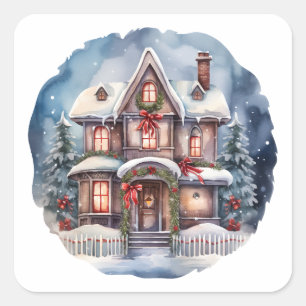 Pegatina Cuadrada Watercolor Merry Christmas Cosy House