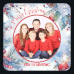 Pegatina Cuadrada Watercolor Merry Christmas WinBorder Photo<br><div class="desc">Escena de bonito de un maravilloso paisaje invernal de nieve y pinos con un saludo de 'Feliz Navidad'. Rodeado de pinos, bayas y Navidades follaje y vegetación, este pegatina vacacional permite una foto y personalización de todo el texto. Añade un toque personal a tus tarjetas de Navidad y regalos esta...</div>