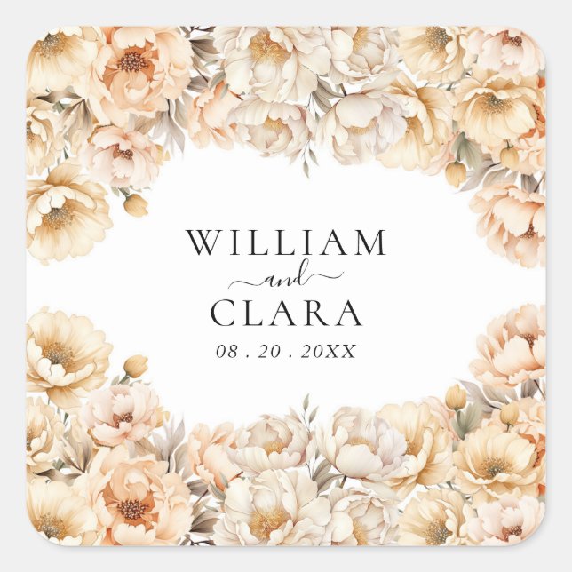 Pegatina Cuadrada Watercolor Moderno Peony Pastel Boda Floral (Anverso)