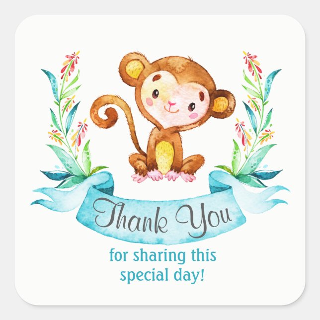 Pegatina Cuadrada Watercolor Monkey Boy Gracias (Anverso)