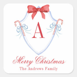 Pegatina Cuadrada Watercolor Monograma Bow Candy Cane Escudo