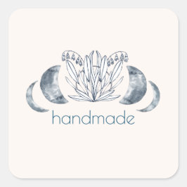 Pegatina Cuadrada Watercolor Moon Fase y Botánico Arte Azul-Gris