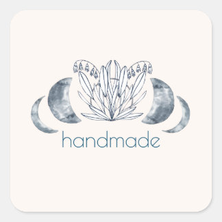 Pegatina Cuadrada Watercolor Moon Fase y Botánico Arte Azul-Gris