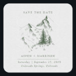 Pegatina Cuadrada Watercolor Mountain Pine Forest Save the Date Card<br><div class="desc">Evergreen Pine Mountain Sketch Save the Date Pegatinas - En medio de la eterna belleza de los altísimos pinos y la silenciosa majestad de las montañas rústicas, el amor ha encontrado su hogar para siempre. Por favor, únanse a nosotros para celebrar un amor tan duradero como los picos y tan...</div>