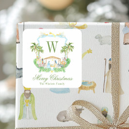 Pegatina Cuadrada Watercolor Nativity Monogram Crest Christmas