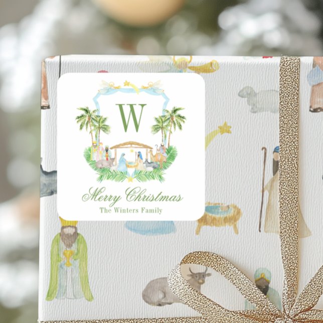 Pegatina Cuadrada Watercolor Nativity Monogram Crest Christmas (Subido por el creador)