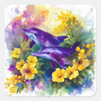 Pegatina Cuadrada Watercolor Ocean Dolphins Tropical Flowers