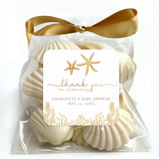 Pegatina Cuadrada Watercolor Ocean Little Pearl Baby Shower Favor (Thank You Sticker)