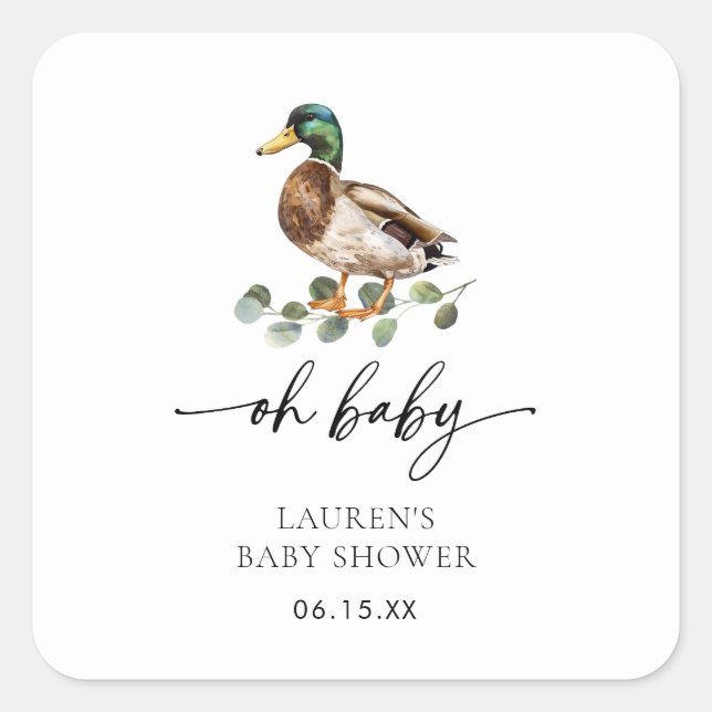 Pegatina Cuadrada Watercolor Oh Baby Mallard Duck Baby Shower (Anverso)
