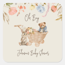 Pegatina Cuadrada Watercolor Oh Boy Boho Nursery Baby Shower