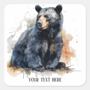 Pegatina Cuadrada Watercolor Oso Negro Woodland Art, personalizado