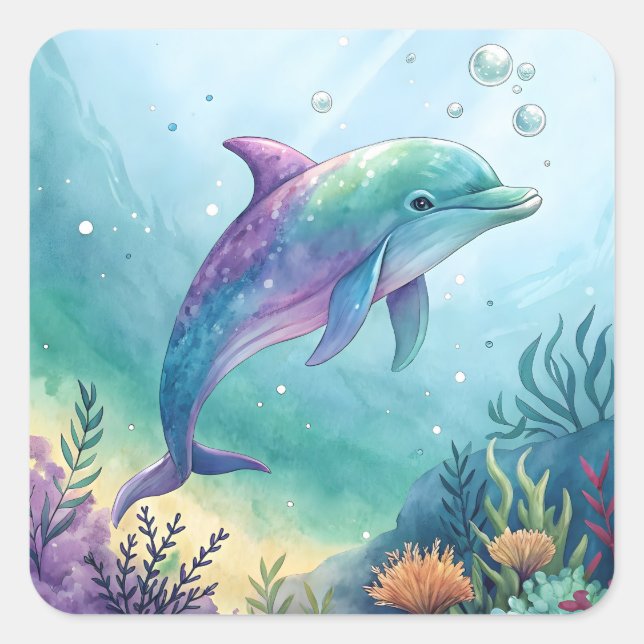 Pegatina Cuadrada Watercolor painted dolphin (Anverso)