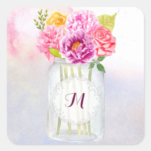 Pegatina Cuadrada Watercolor Peonies Rosas Rústico Mason Jar Boda