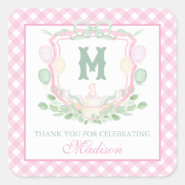 Pegatina Cuadrada Watercolor Pink 1st Birthday Monogram Crest Gift