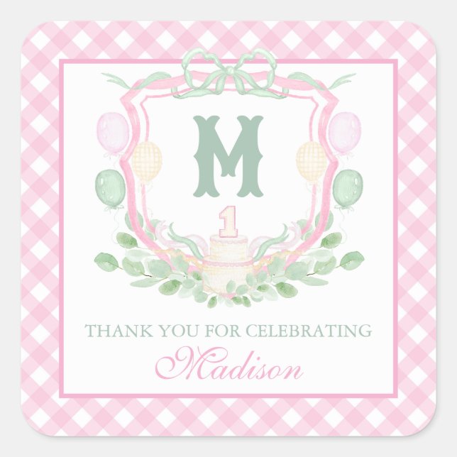 Pegatina Cuadrada Watercolor Pink 1st Birthday Monogram Crest Gift (Anverso)