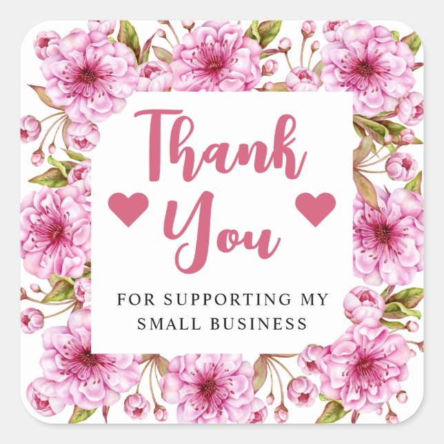 Pegatina Cuadrada Watercolor Pink Cherry Blossom Pequeña Empresa (Anverso)