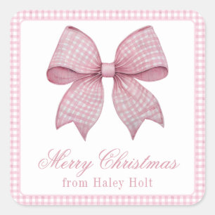 Pegatina Cuadrada Watercolor Pink Gingham Bow