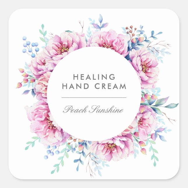 Pegatina Cuadrada Watercolor Pink Peonies Product Business (Anverso)