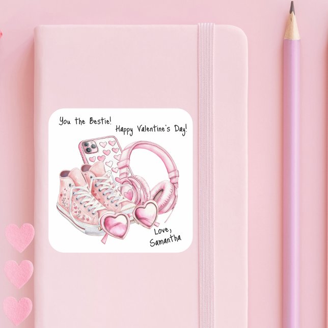 Pegatina Cuadrada Watercolor Pink Preppy Teen Girl Valentine's Day (Subido por el creador)