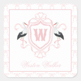 Pegatina Cuadrada Watercolor Pink Stork Bow Monogram Crest