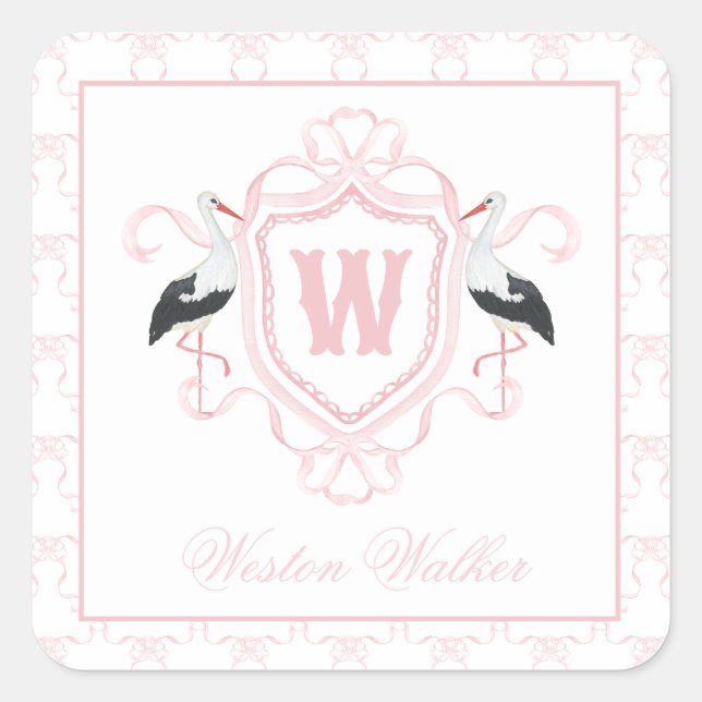 Pegatina Cuadrada Watercolor Pink Stork Bow Monogram Crest (Anverso)