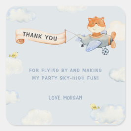 Pegatina Cuadrada Watercolor Plane Cute Fox Birthday Party