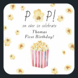 Pegatina Cuadrada Watercolor Popcorn Kids Birthday Fiesta<br><div class="desc">Fiesta de cumpleaños de los niños acuarela. Palomitas de acuarela.</div>