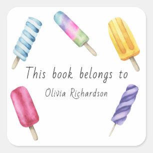 Pegatina Cuadrada Watercolor Popsicle Este libro pertenece a