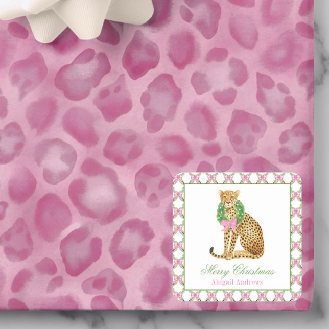 Pegatina Cuadrada Watercolor Preppy Leopard Christmas (Subido por el creador)