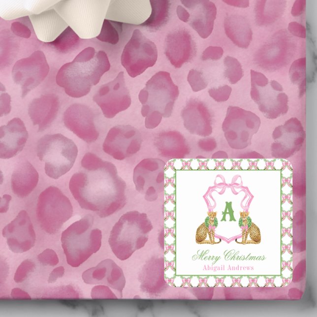 Pegatina Cuadrada Watercolor Preppy Leopard Christmas Monogram Crest (Subido por el creador)