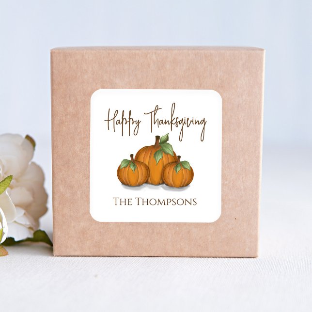 Pegatina Cuadrada Watercolor Pumpkins Happy Thanksgiving Custom (Happy Thanksgiving Orange Pumpkins Party Favor Sticker.)