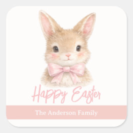 Pegatina Cuadrada Watercolor Rabbit with Pink Bow| Cute Easter Bunny