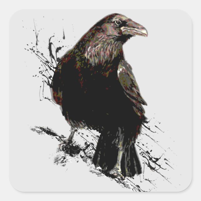 Pegatina Cuadrada Watercolor Raven Bird Animal Art (Anverso)