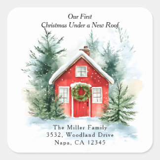 Pegatina Cuadrada Watercolor Red House New Address Return Address
