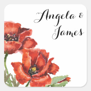Pegatina Cuadrada Watercolor Rojo y Verde Boda de la flor de amapola
