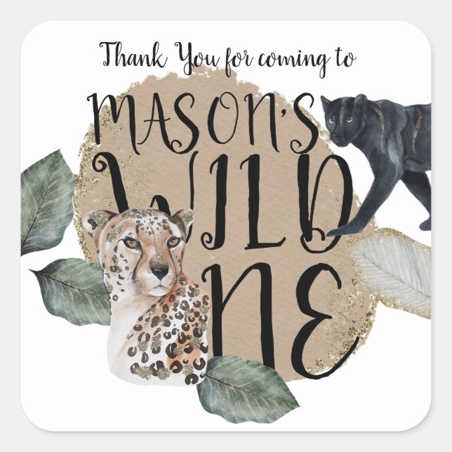 Pegatina Cuadrada Watercolor Safari Wild One Animal Birthday Party (Anverso)