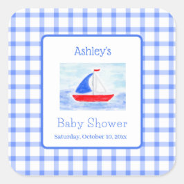 Pegatina Cuadrada Watercolor Sailboat Blue Check Baby Shower