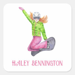 Pegatina Cuadrada Watercolor Snowboarding Personalizada