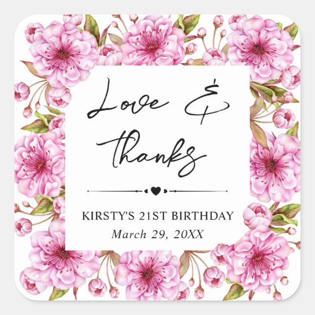 Pegatina Cuadrada Watercolor Spring Cherry Blossom Birday Party (Anverso)