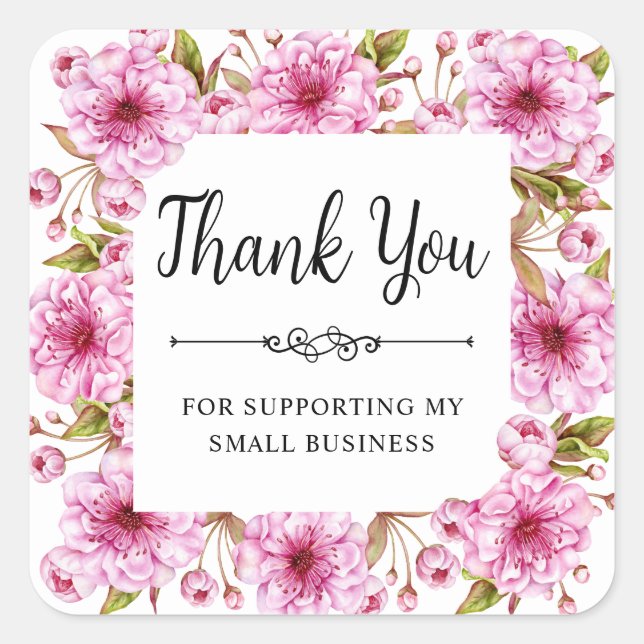 Pegatina Cuadrada Watercolor Spring Cherry Blossom Pequeña Empresa (Anverso)