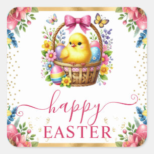 Pegatina Cuadrada Watercolor Spring Chick Basket Easter