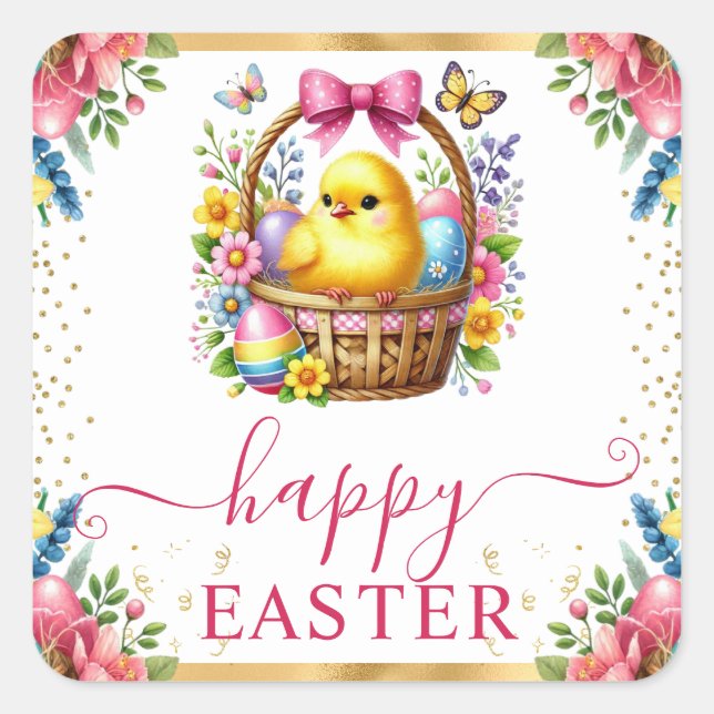 Pegatina Cuadrada Watercolor Spring Chick Basket Easter (Anverso)