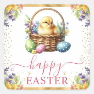 Pegatina Cuadrada Watercolor Spring Chick Basket Easter