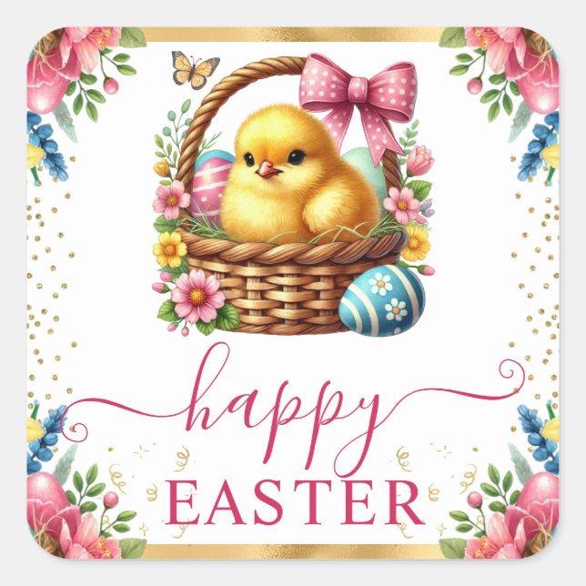Pegatina Cuadrada Watercolor Spring Chick Basket Easter (Anverso)